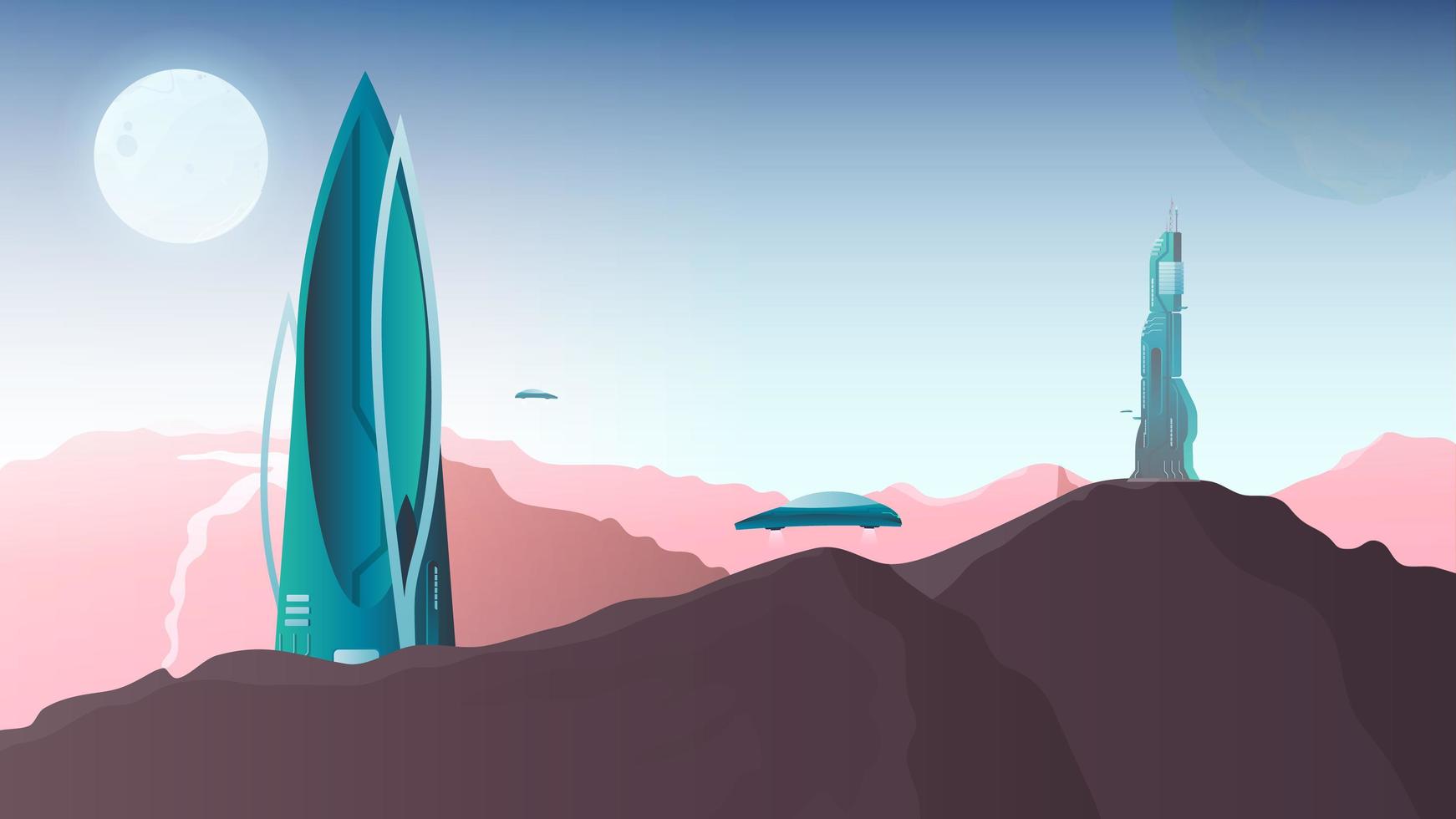 City of the future with unusual buildings. City on Mars. Flying transport. Fantasy. Vector. vector