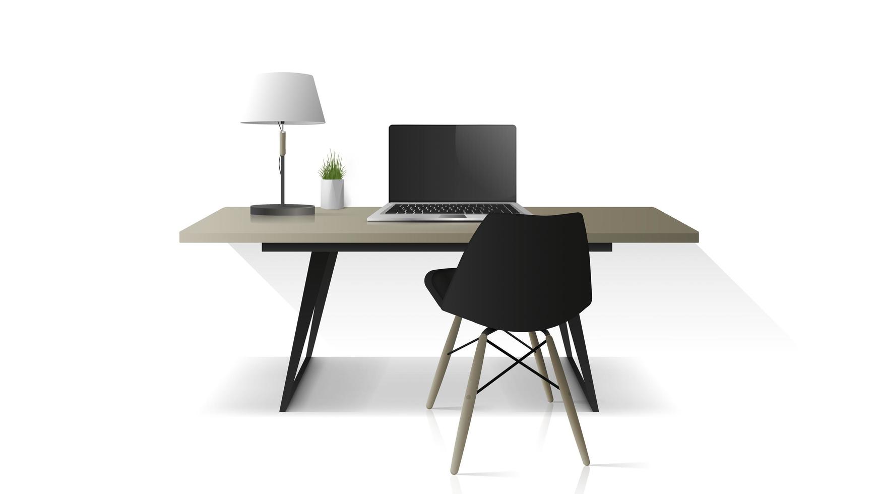 lugar de trabajo moderno aislado en un fondo blanco. mesa de oficina de madera, portátil, sillón, lámpara de mesa. elemento para el diseño de oficinas. vector realista.