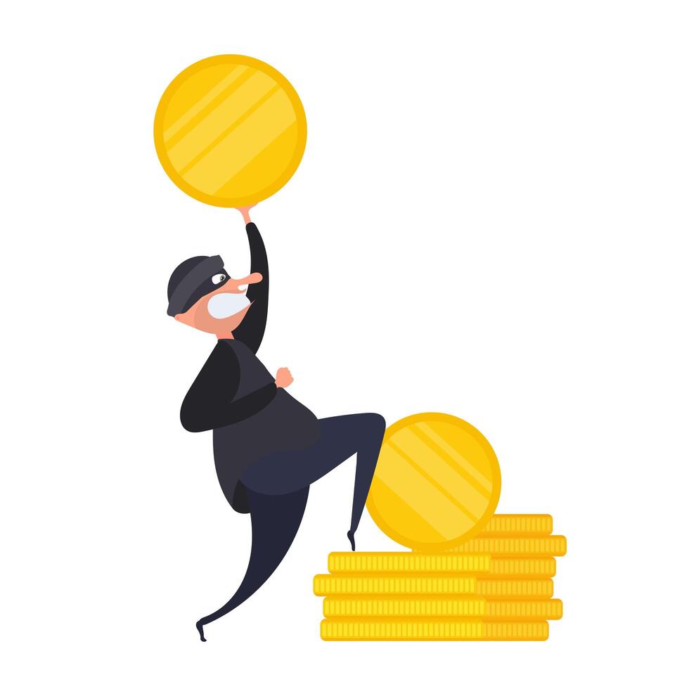 The robber holds a gold coin in his hands. The thief stole the money. Robbery and security concept. Isolated. Vetkor. vector