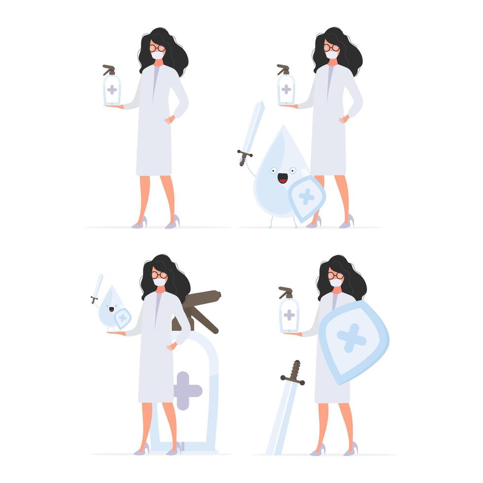 Set for a poster or presentation. Girl doctor holds a sanitizer in her hands. Medical woman in a white coat. Antiseptic. . vector