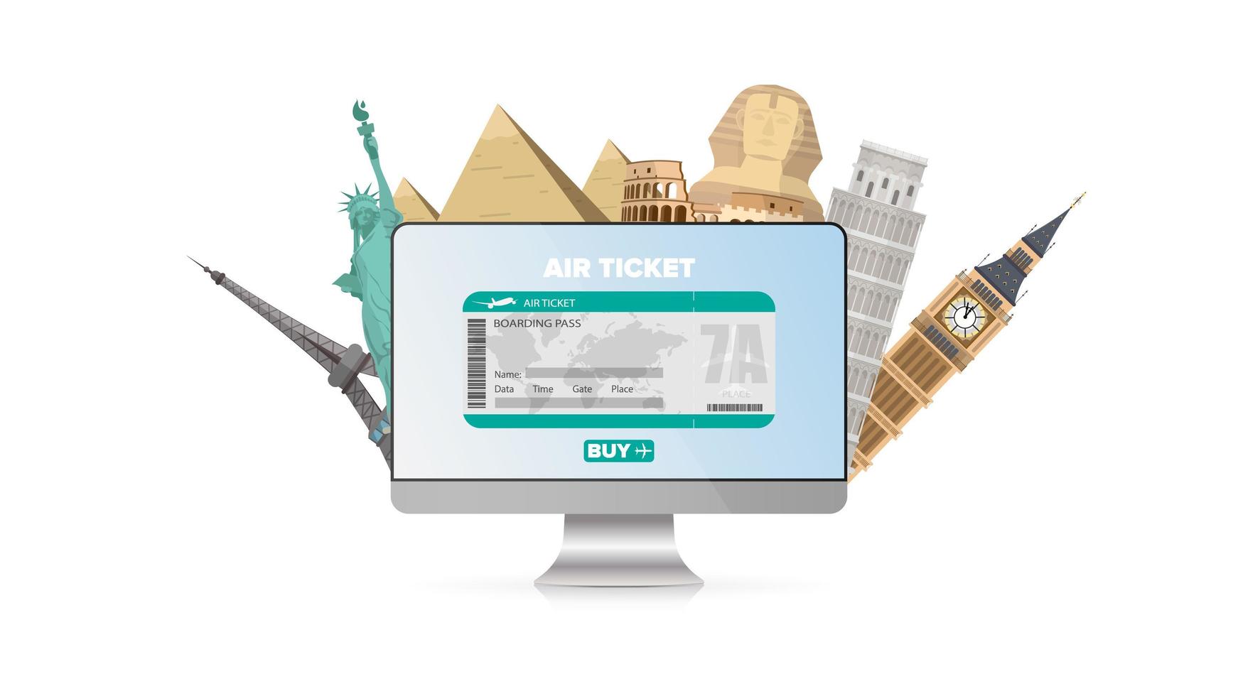 Buying an airline ticket online. Landmarks of the world. Concept for design on the theme of tourism, sale of tours. Monitor, Egyptian pyramids, Eiffel Tower, Statue of Liberty, Wheels, Pezan Tower. vector