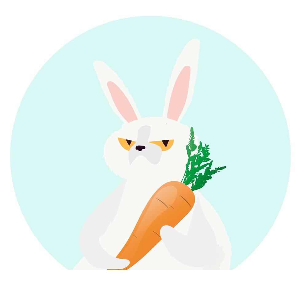 White hare holds a carrot. Rabbit with a serious look. Vector illustration.