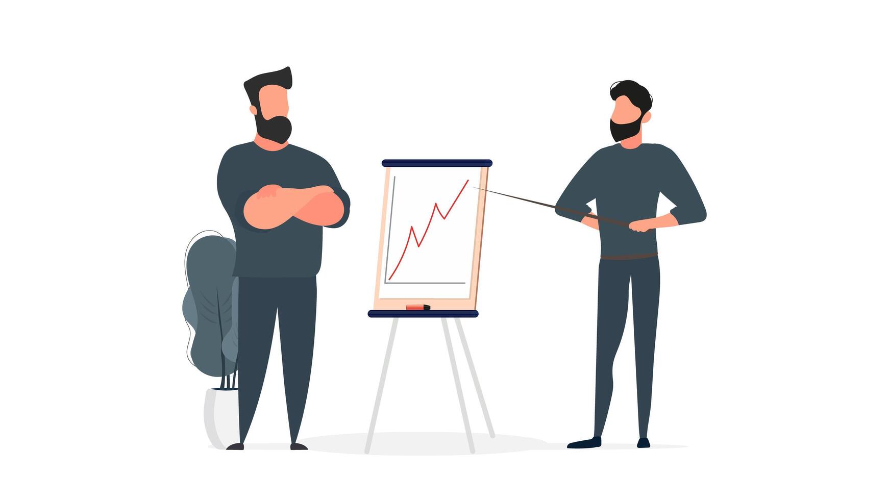 The guy shows a report to the boss. Presentation with positive dynamics. Board for paper. Infographics. Business growth. Isolated. Vector. vector
