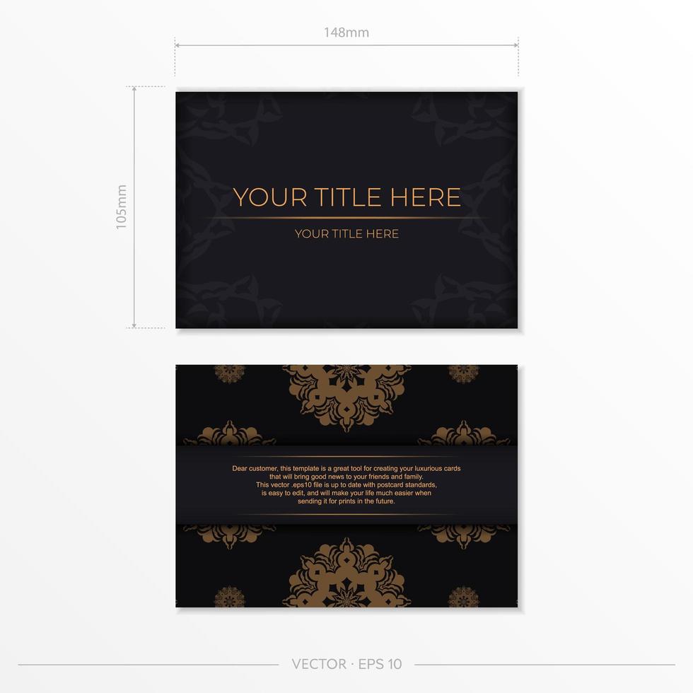 Ready-made postcard design with abstract vintage mandala ornament. Black-gold luxurious colors. Can be used as background and wallpaper. Elegant and classic vector elements