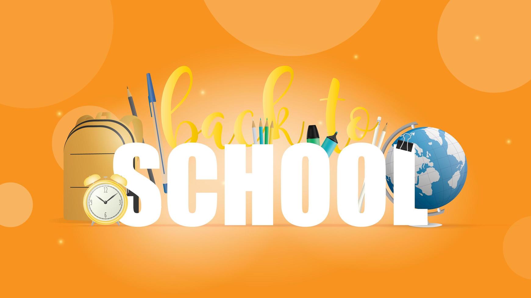 Back to school orange banner. Beautiful inscriptions, books, globe, pencils, pens, yellow backpack, yellow old alarm clock. Vector illustration