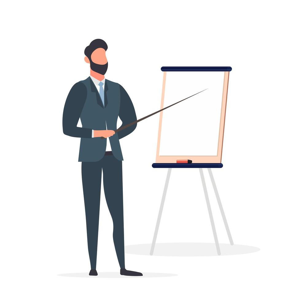 A man with a pointer points to a slide. The guy shows the report. Board for paper. Isolated. . vector