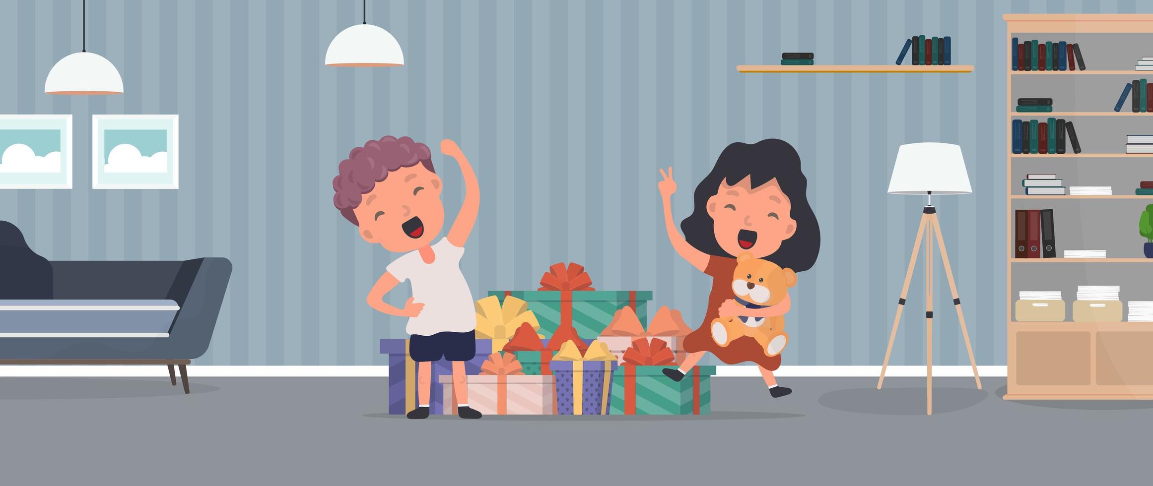 Children rejoice at gifts. Happy children, lots of gifts. Holidays concept. Vector. vector