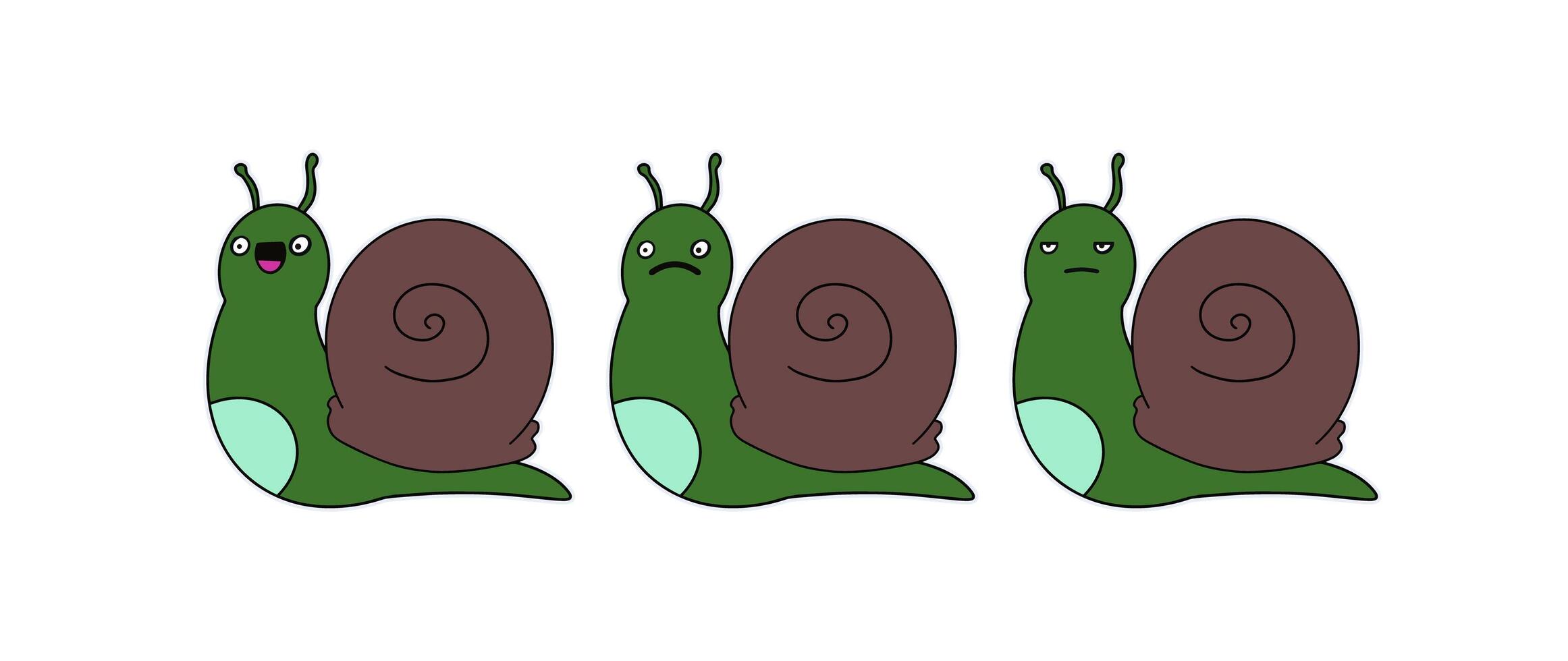 Funny green snail sticker. Snail icon. Suitable for postcards, stickers, T-shirts and children's books. Isolated, . vector