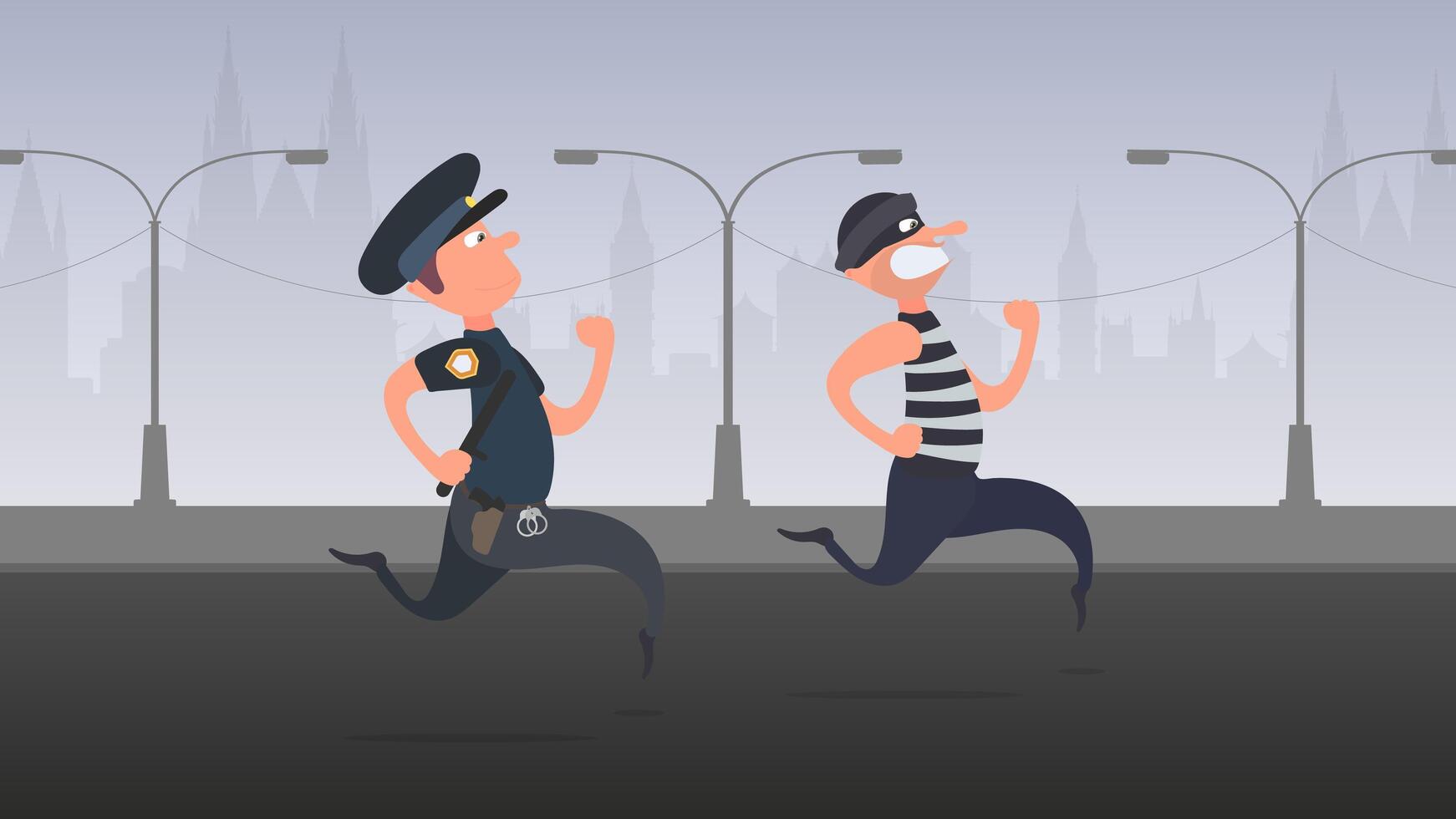 un policía corre tras un ladrón. el criminal se escapa del policía. estilo de dibujos animados. vector. vector