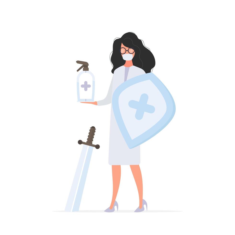 Medic girl in a white suit with a shield and a sword. Female doctor in a medical mask holds a nebulizer. Disinfectant in flat style. . vector