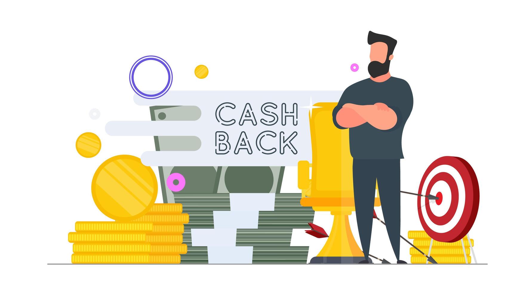 Businessman and a mountain of money. A man stands near gold coins and large dollar bills. Cashback lettering isolated on white background. Golden coins. Composition on the topic of money back. vector