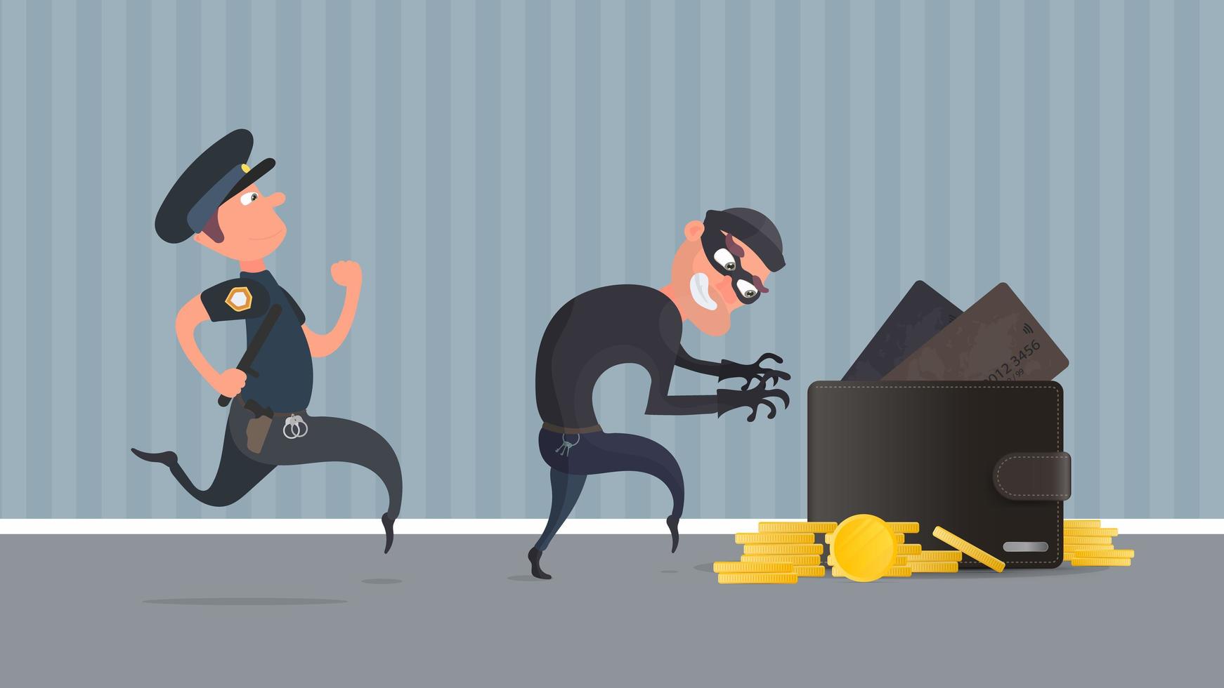 A criminal steals a wallet with credit cards and gold coins. A policeman detains a robber. The concept of robbery. Security finance and data. Flat style, Vector. vector