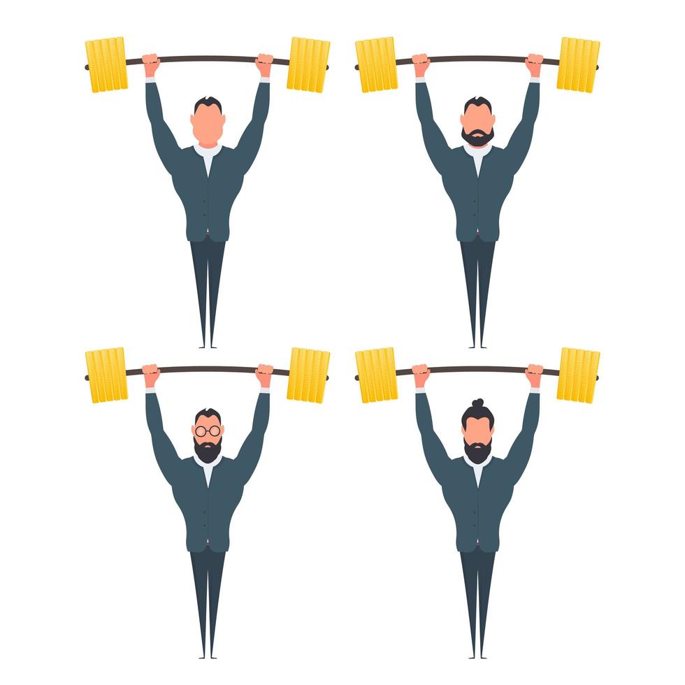 Businessman raises the barbell with gold coins. A man in a suit with a barbell. The concept of a successful business and revenue growth. Isolated. Vector. vector