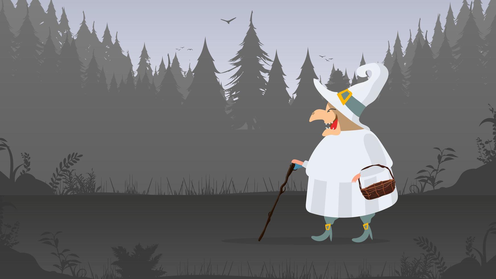 A witch in a white robe walks through the forest. Witch with a hat. Suitable for Halloween-themed designs. Isolated. Vector. vector