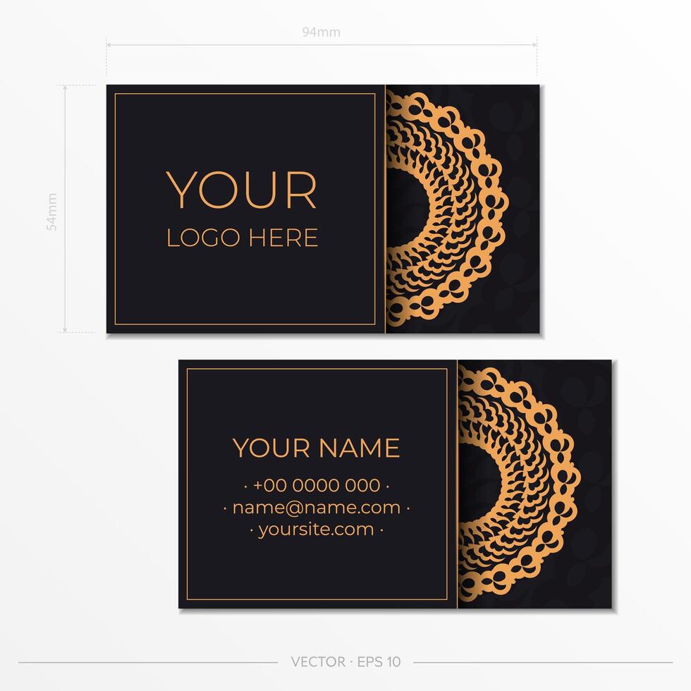 Template Black presentable business cards with decorative ornaments business cards, oriental pattern, illustration. vector