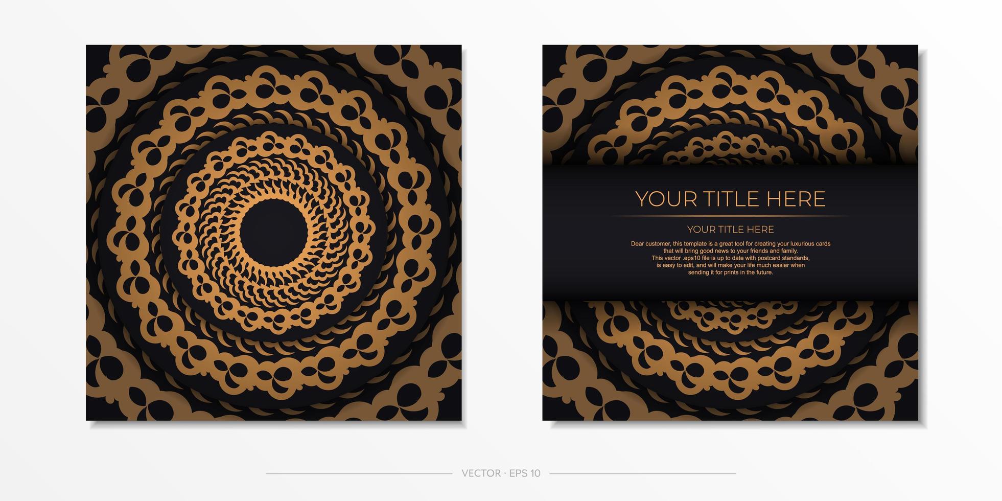 plantilla de postal de oro negro oscuro con adorno de mandala indio blanco. elementos elegantes y clásicos listos para impresión y tipografía. ilustración vectorial vector
