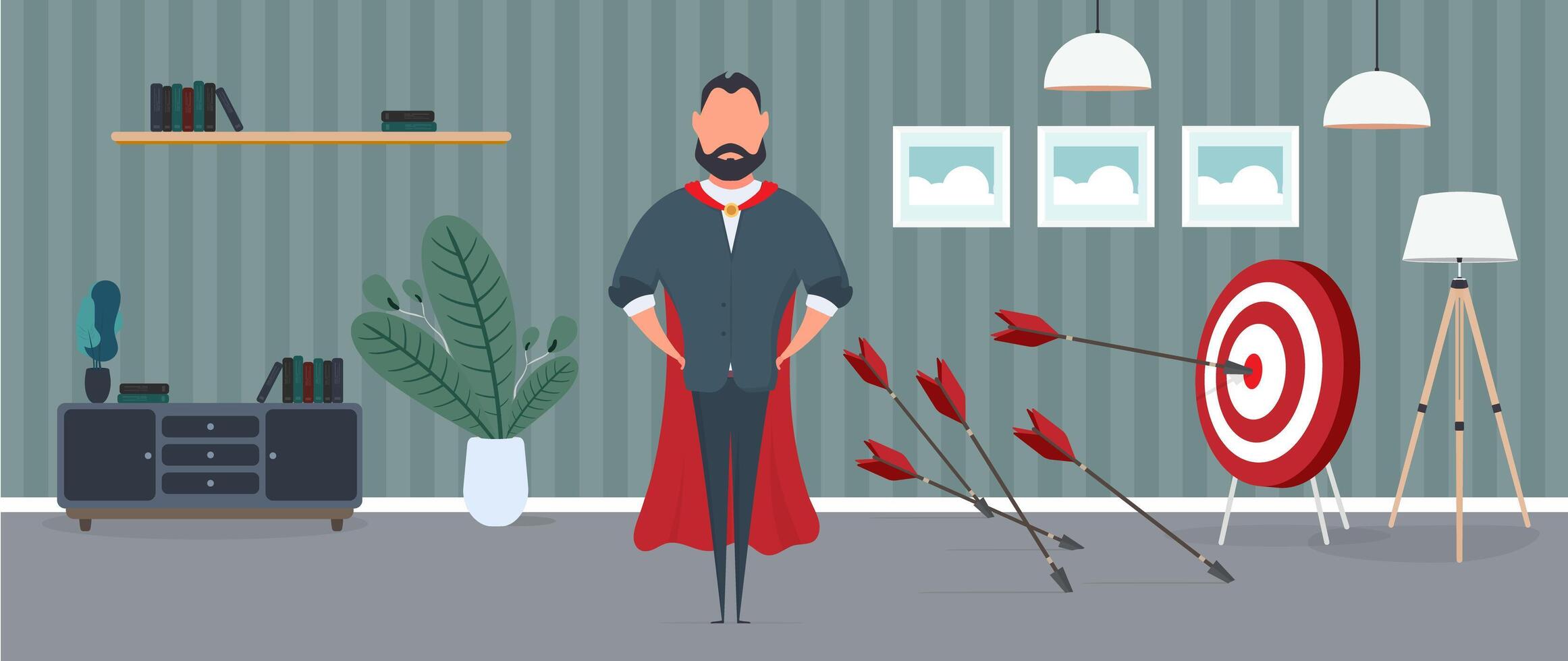 Businessman in cape standing in front of a dart board vector