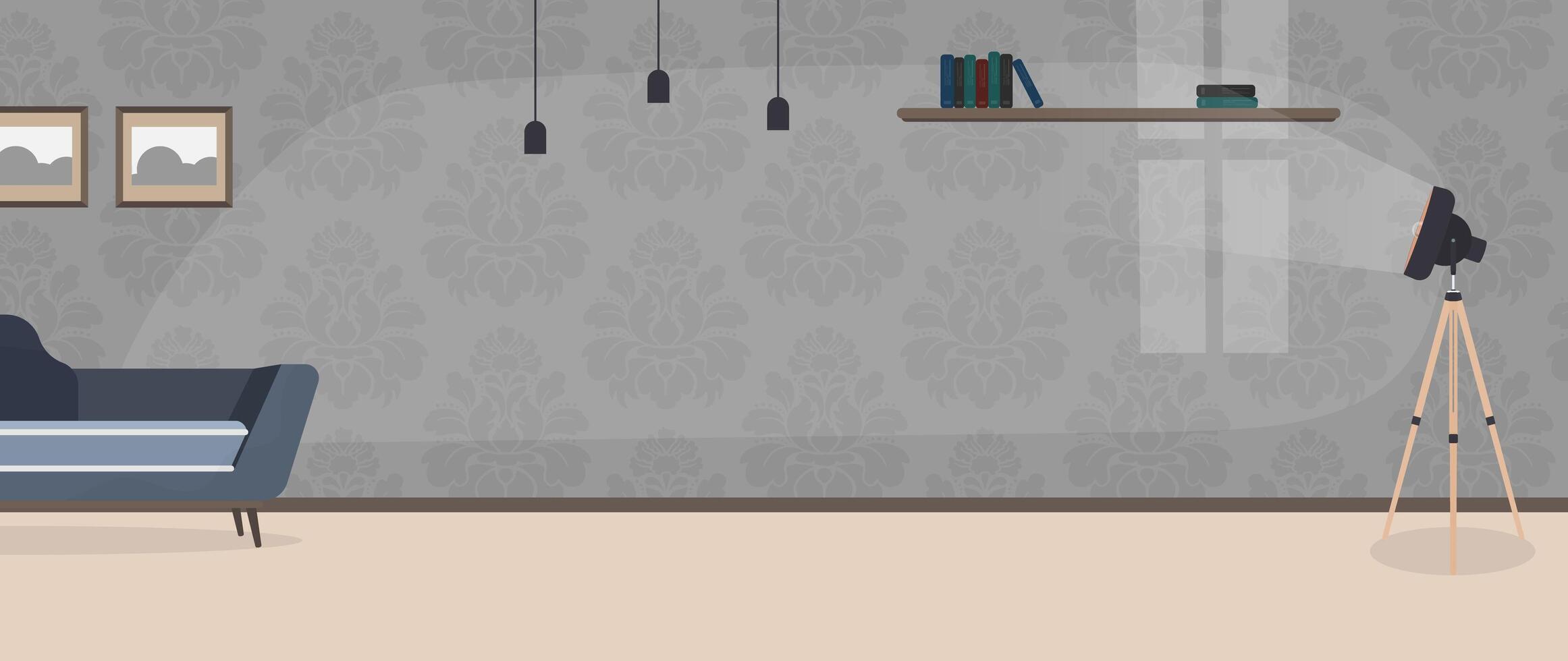 The room is made in dark colors. Dark blue stylish sofa, floor lamp, indoor plant in a white pot. Gray wallpaper with a pattern. Vector. vector