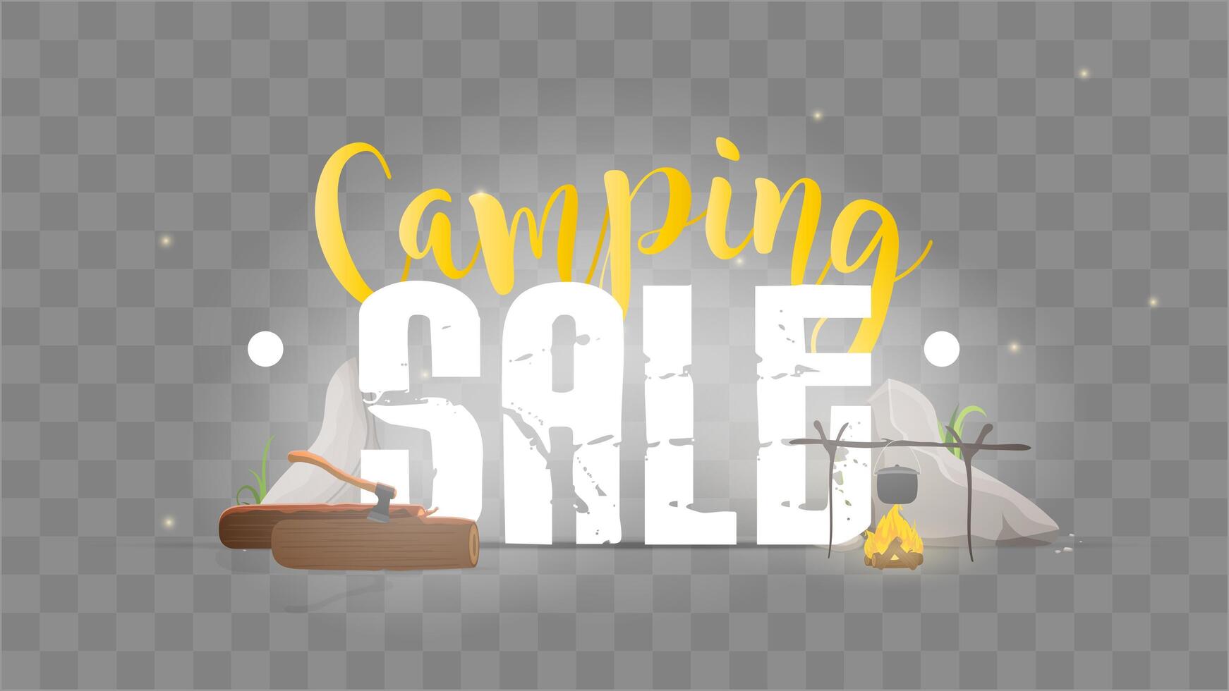 Forest camp lettering. Template for a banner. Font with camping elements. Bonfire, food on a fire, logs, vector