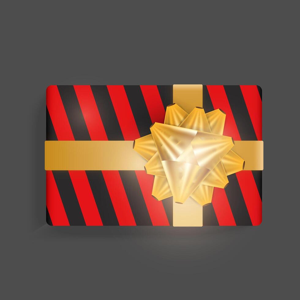 Black gift box with red stripes. Gold ribbon bow. Beautiful realistic gift box template for birthday, Christmas, new year design. Top view illustration vector