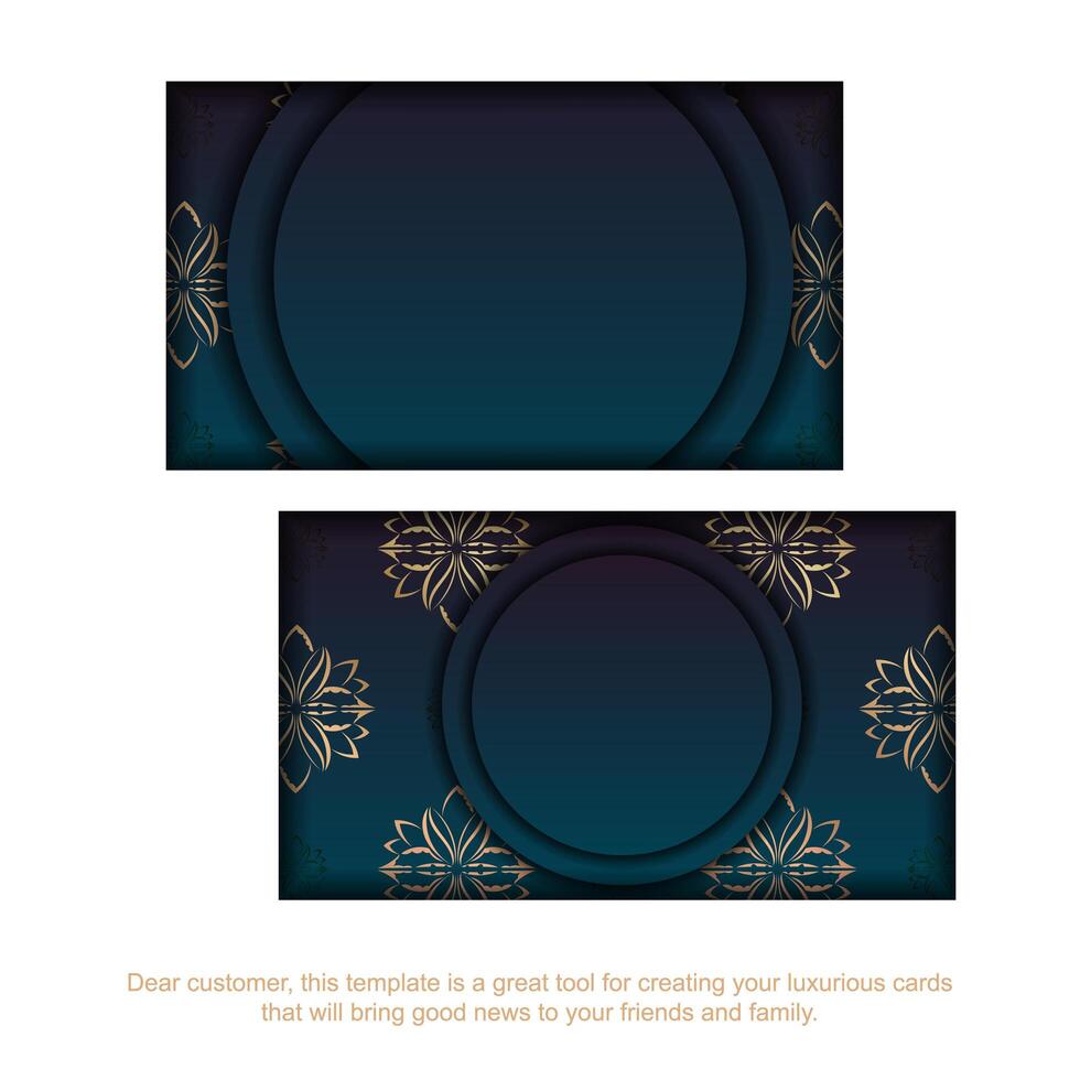 Blue gradient business card with abstract gold ornaments for your brand. vector