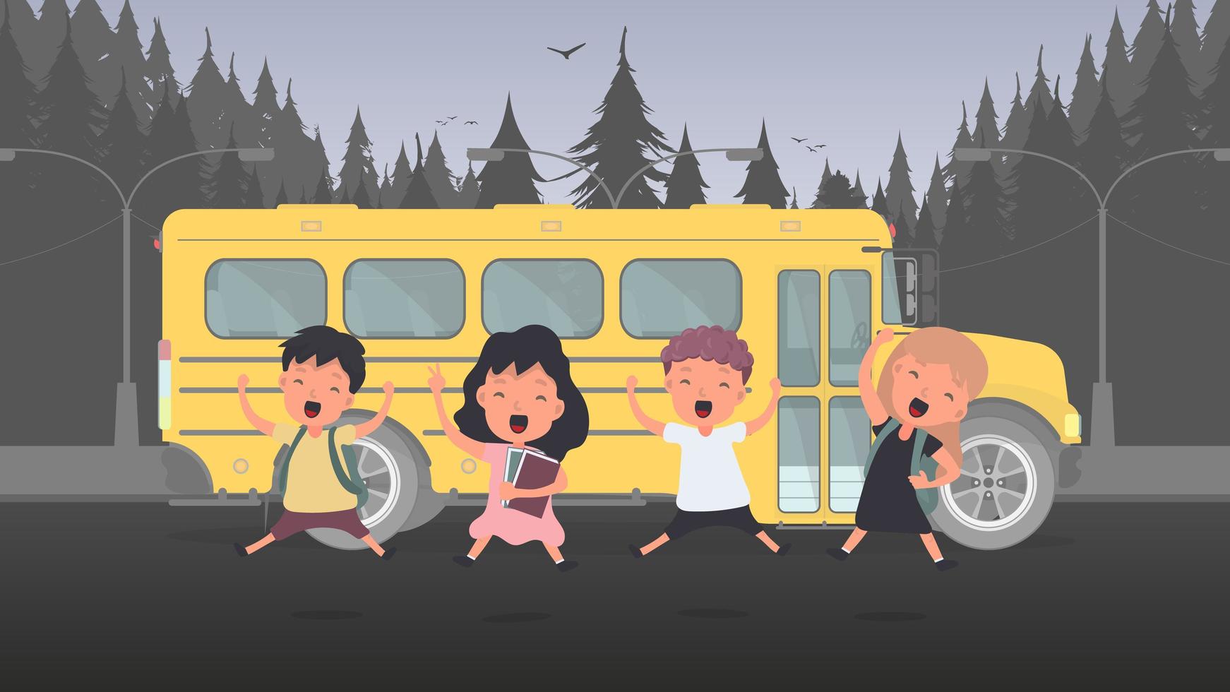 Happy children and a school bus. Children go to school. Yellow bus for school. Vetkor. vector