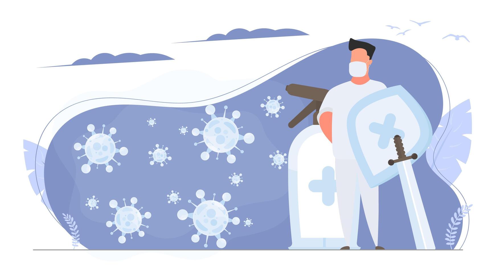 A medic in a white suit with a shield and a sword. A doctor in a medical mask surrounded by virus molecules. Spray. Disinfectant in flat style. Vector. vector