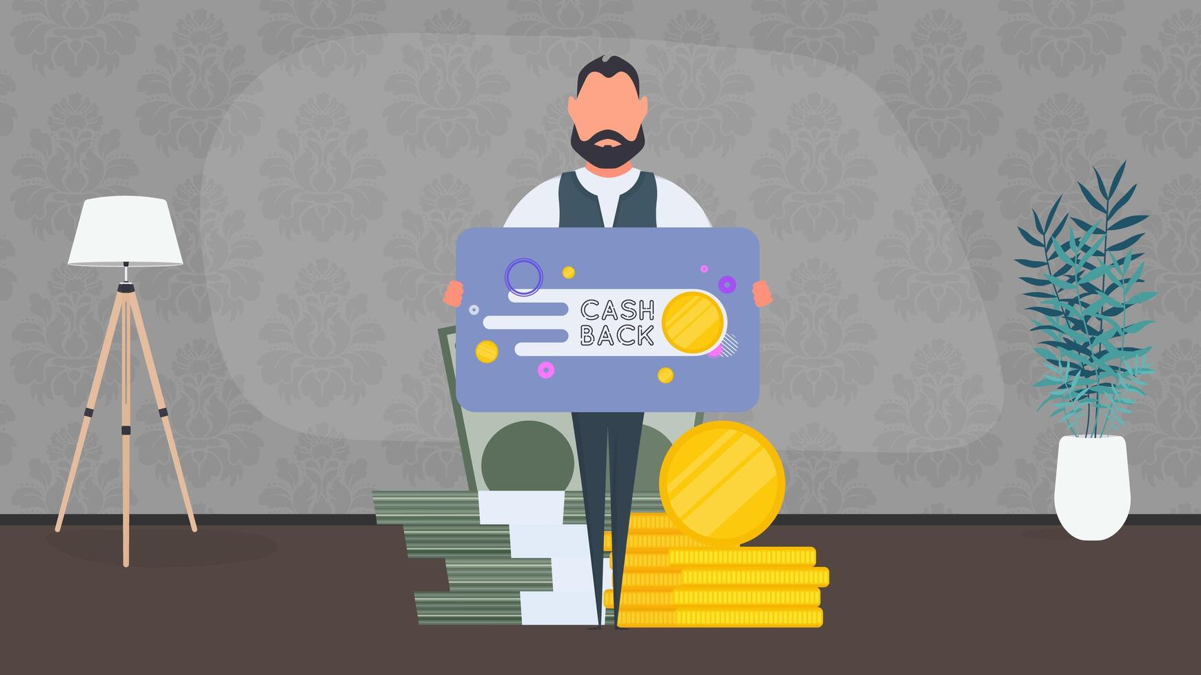 A man holds a banner with the inscription cashback. The guy with the table. The concept of saving money and cashback. . vector