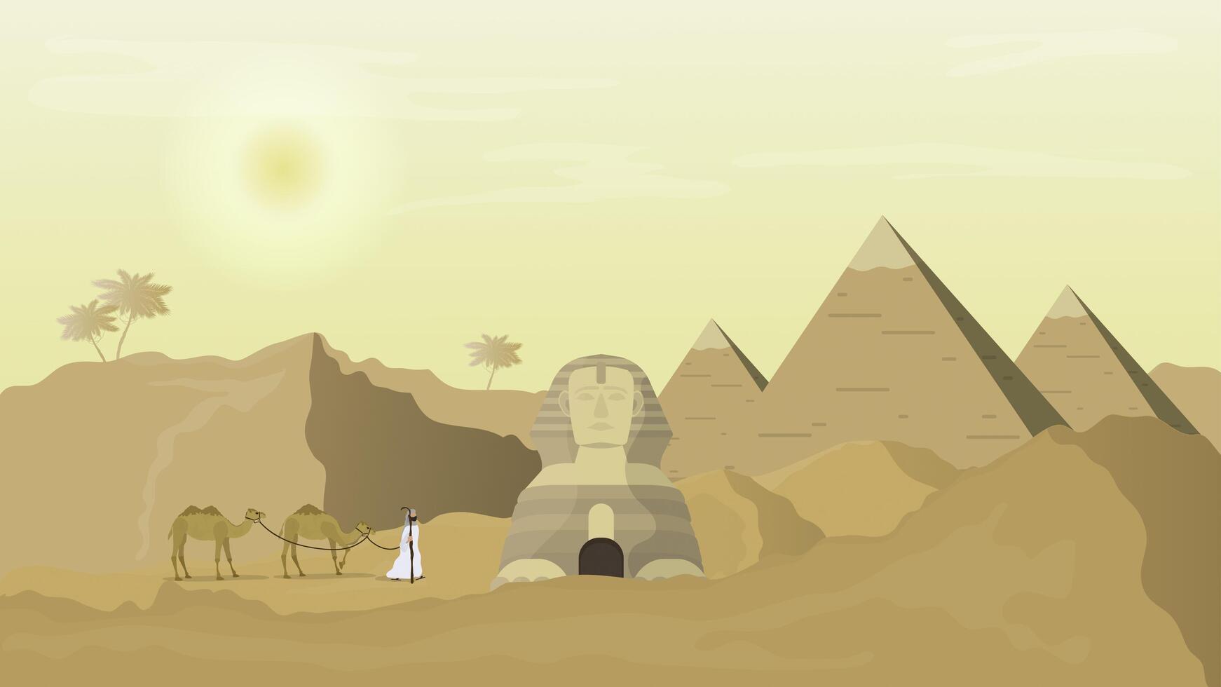 A shepherd leads camels through the desert. Egyptian pyramids, sphinx. . vector
