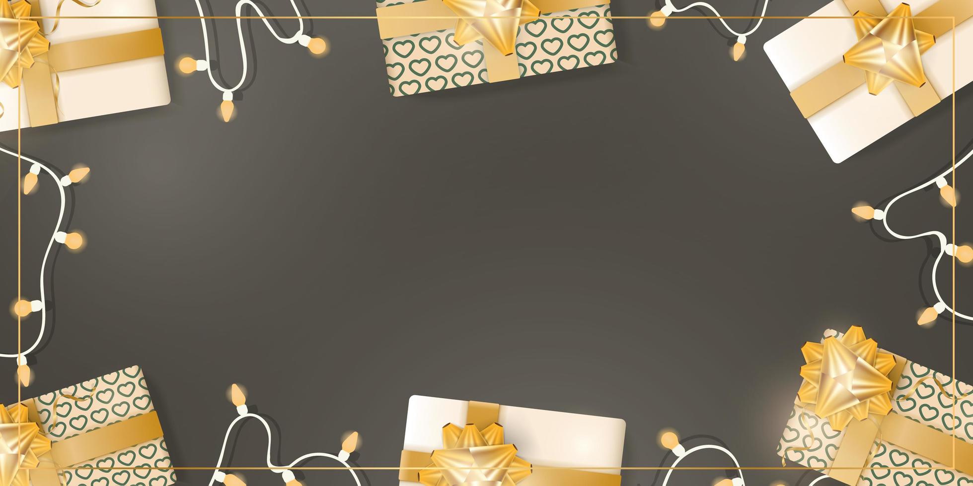 Chocolate background with realistic gift boxes with golden ribbons and bows. Garlands with bulbs. View from above. Banner with space for text. Vector