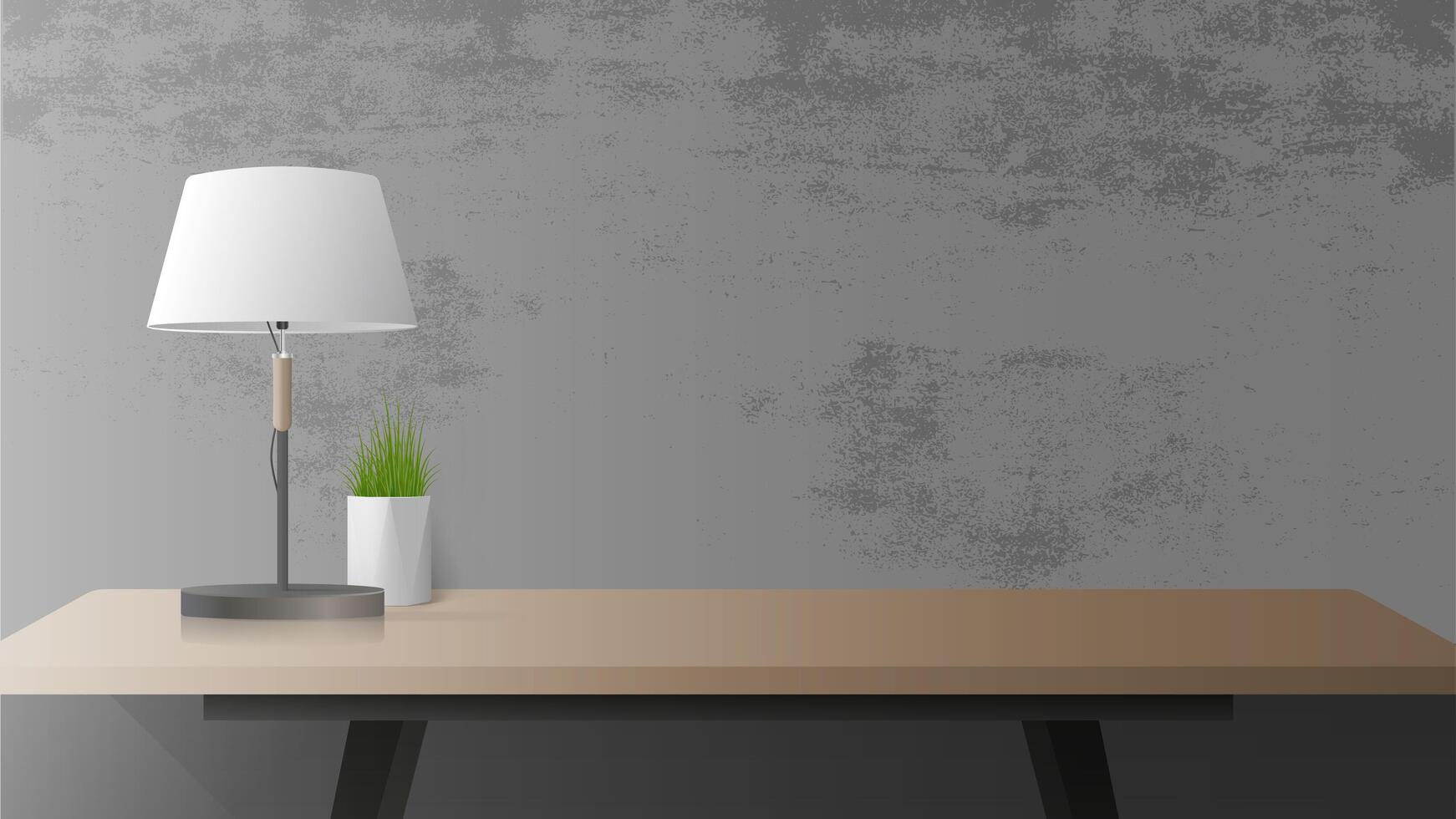 A table with a wooden shadow and a black shadow. Table lamp, indoor plant. Gray concrete wall. illustration. vector