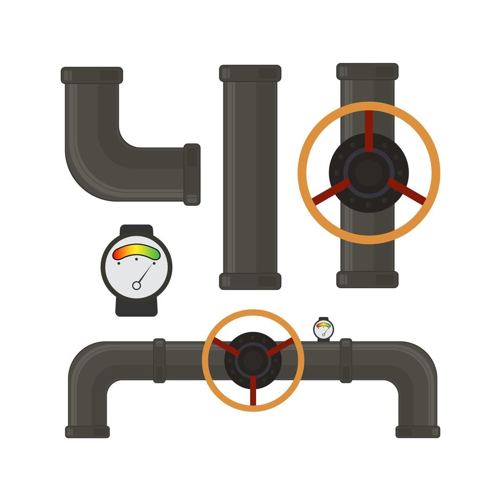 conjunto vectorial de piezas del sistema de tuberías. tubería de plástico, válvula de fuga, goteo. tecnología Industrial. aislado. vector