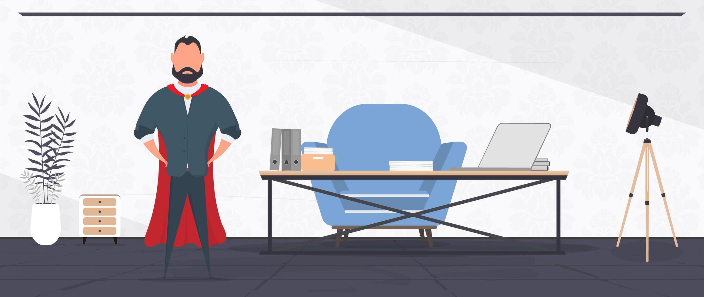 Director with a red cloak in the office. Businessman with a red raincoat. Loft-style room. Bright room. Workplace. Table with laptop, books and documents. Flower in a pot, wooden cabinet. Vector. vector