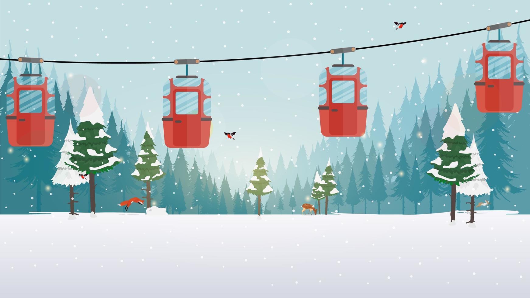 fabuloso bosque nevado. teleférico con remolques en el bosque de invierno. estilo de dibujos animados ilustración vectorial vector