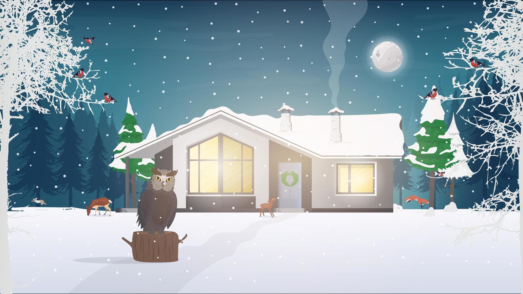 Night in the forest. House in a snowy coniferous forest. Night, forest, trees, cottage, owl, deer, sniger. Well suited for the design of a New Year banner and animation. vector