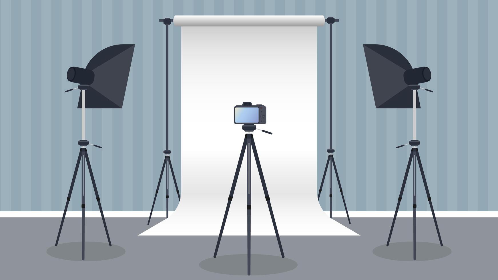 Photo Studio . Blank white canvas background on tripods. Camera on a tripod, softbox. Professional photo studio. vector