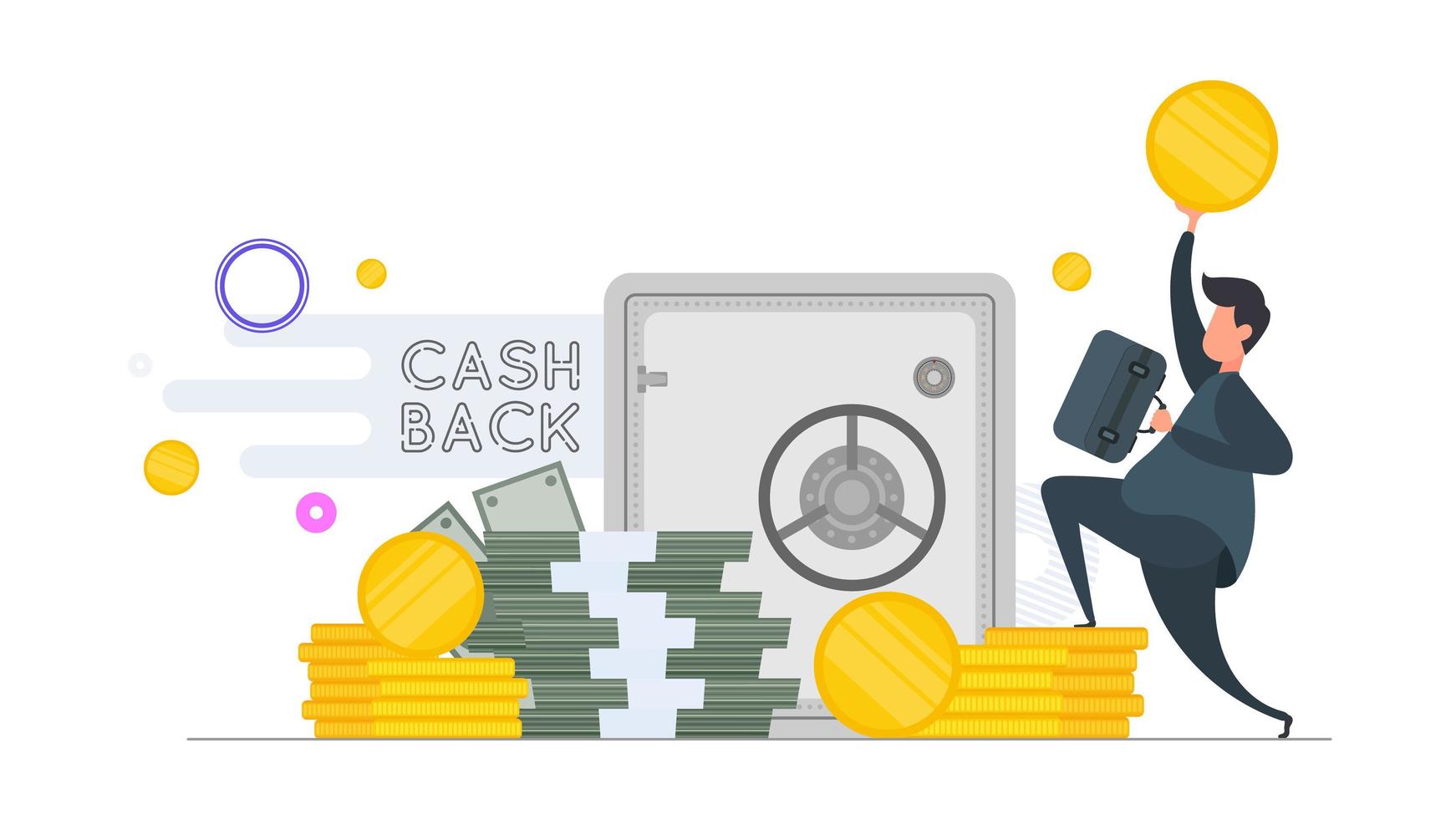 Cashback concept. Happy businessman in a jump. Businessman with a suitcase and a gold coin in his hands. A mountain of money. Dollars, bundles of money, gold coins. Isolated. Vector. vector