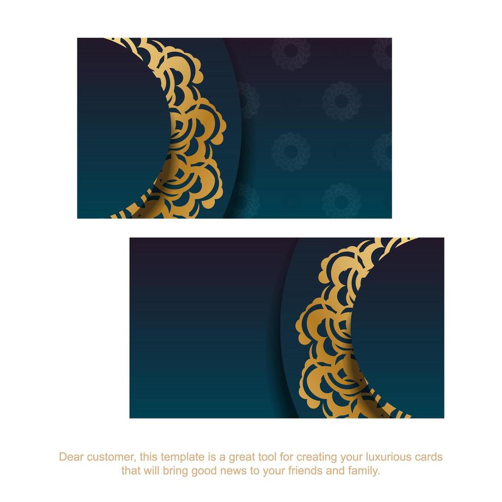 Business card with gradient blue color with vintage gold pattern for your business. vector