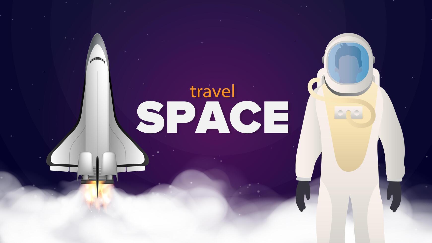 Travel to space. The astronaut in a protective suit. Purple banner on the theme of space flight. Space shuttle. Fighter. The booster takes off. . vector