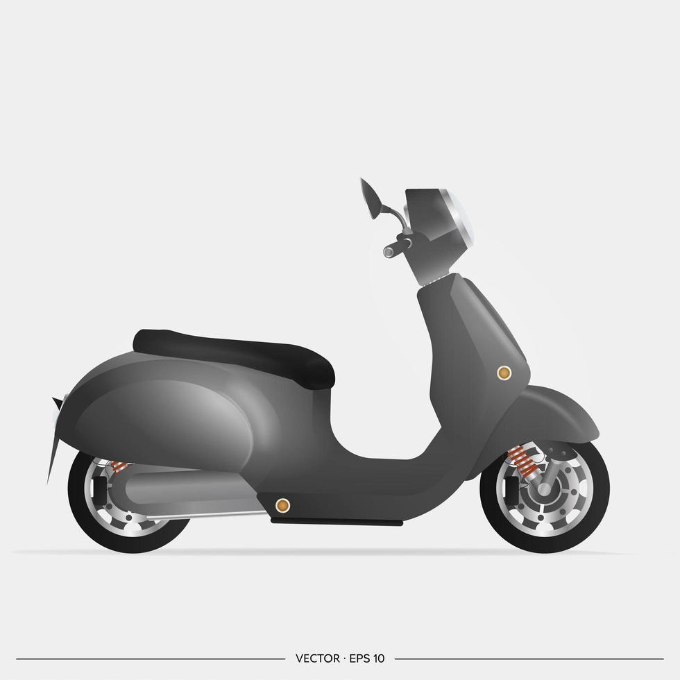 Realistic black moped in the old style. Yellow scooter isolated on a white background. Vector illustration.