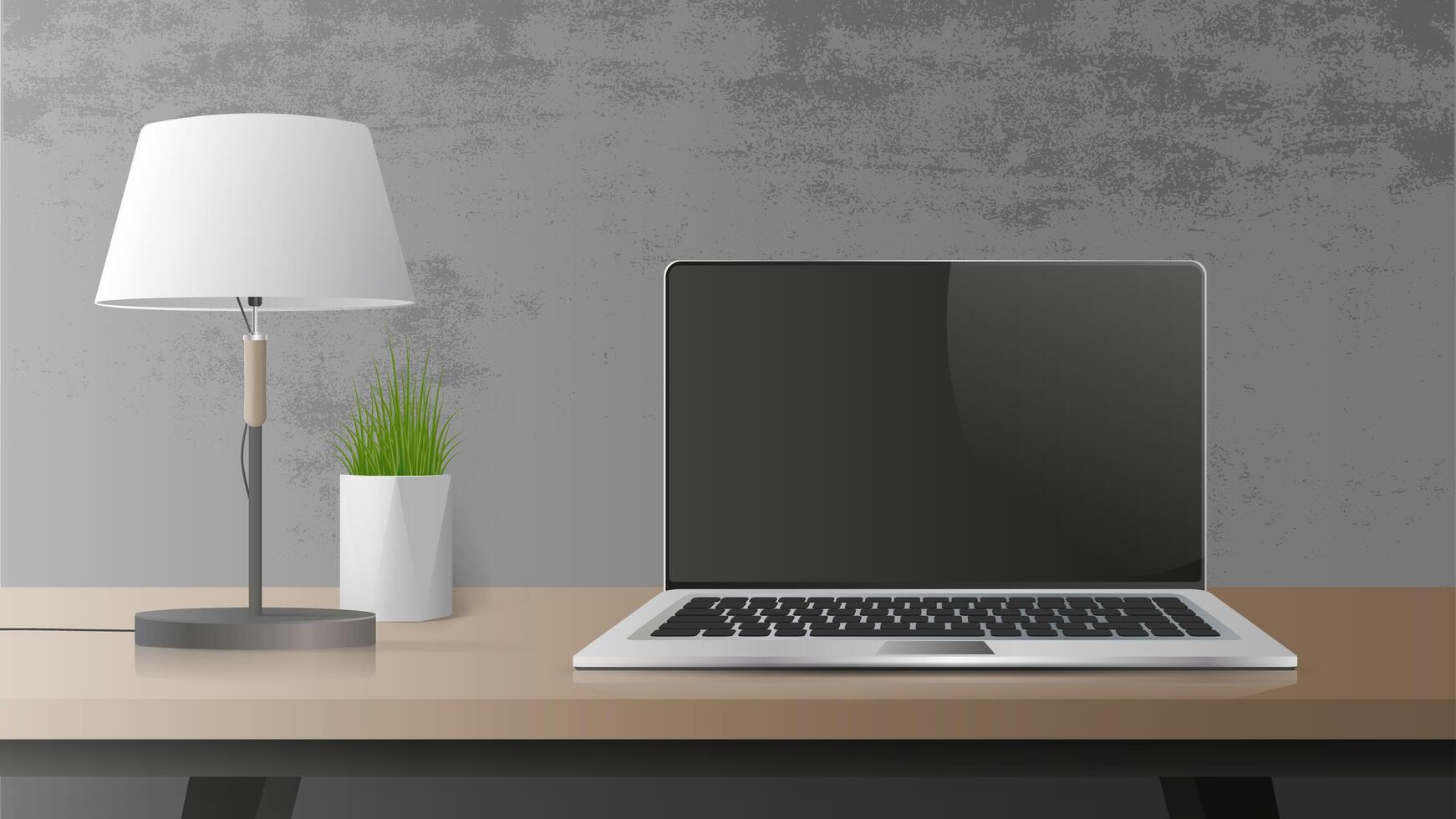 Laptop on table with lamp and plant vector
