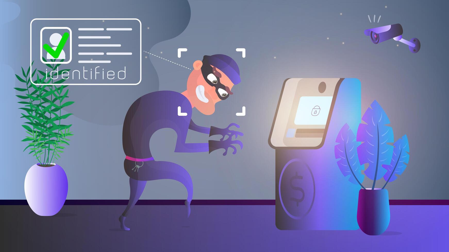 A thief is robbing an ATM. Masked robber identification. Security concept. ATM, masked thief, surveillance camera, robbery. illustration. Flat style with a trendy gradient. vector