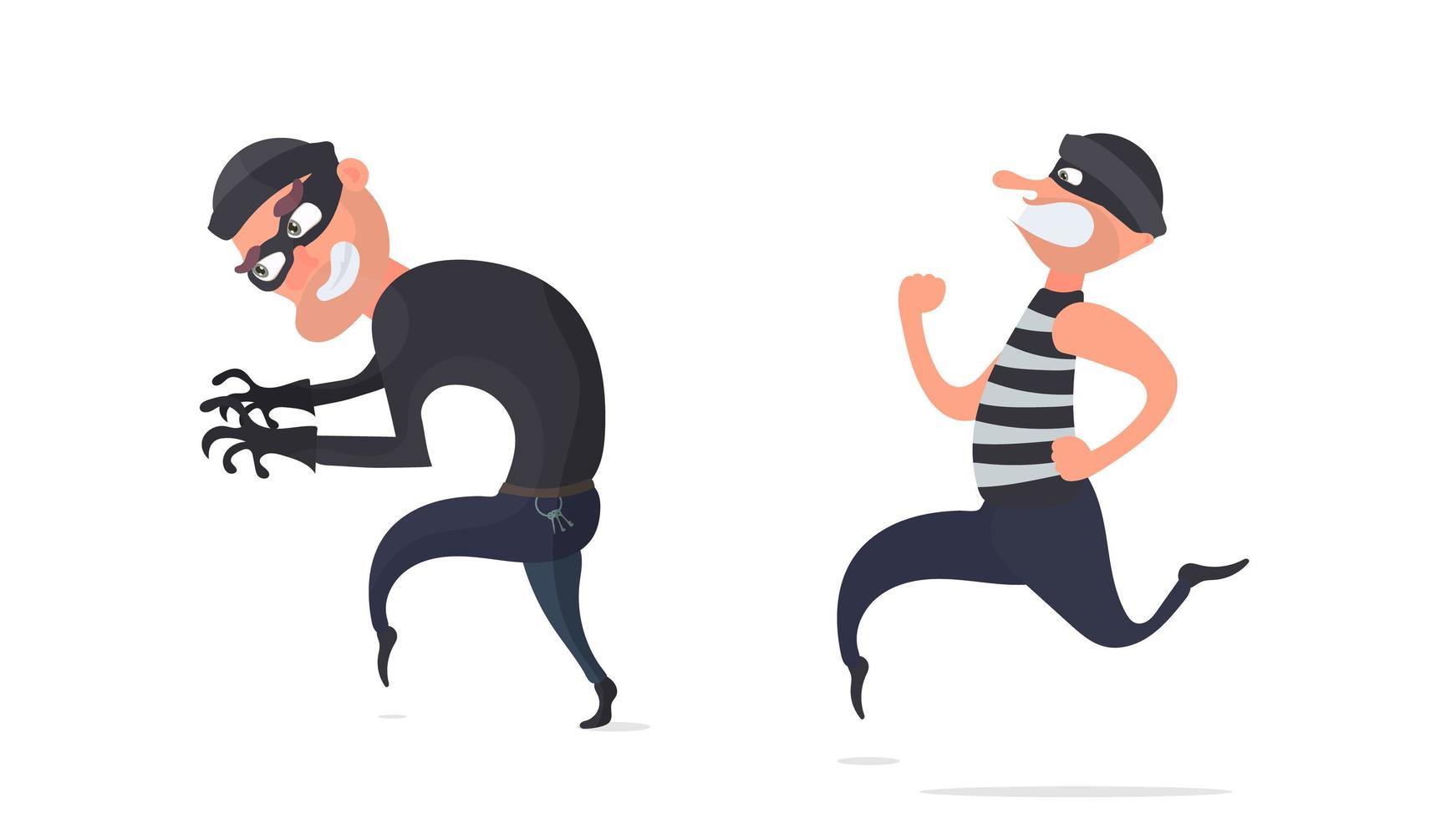 A set of criminals. Burglar escapes with a credit card. Cartoon style illustration. Good for security, robbery and fraud. Isolated. Vector. vector