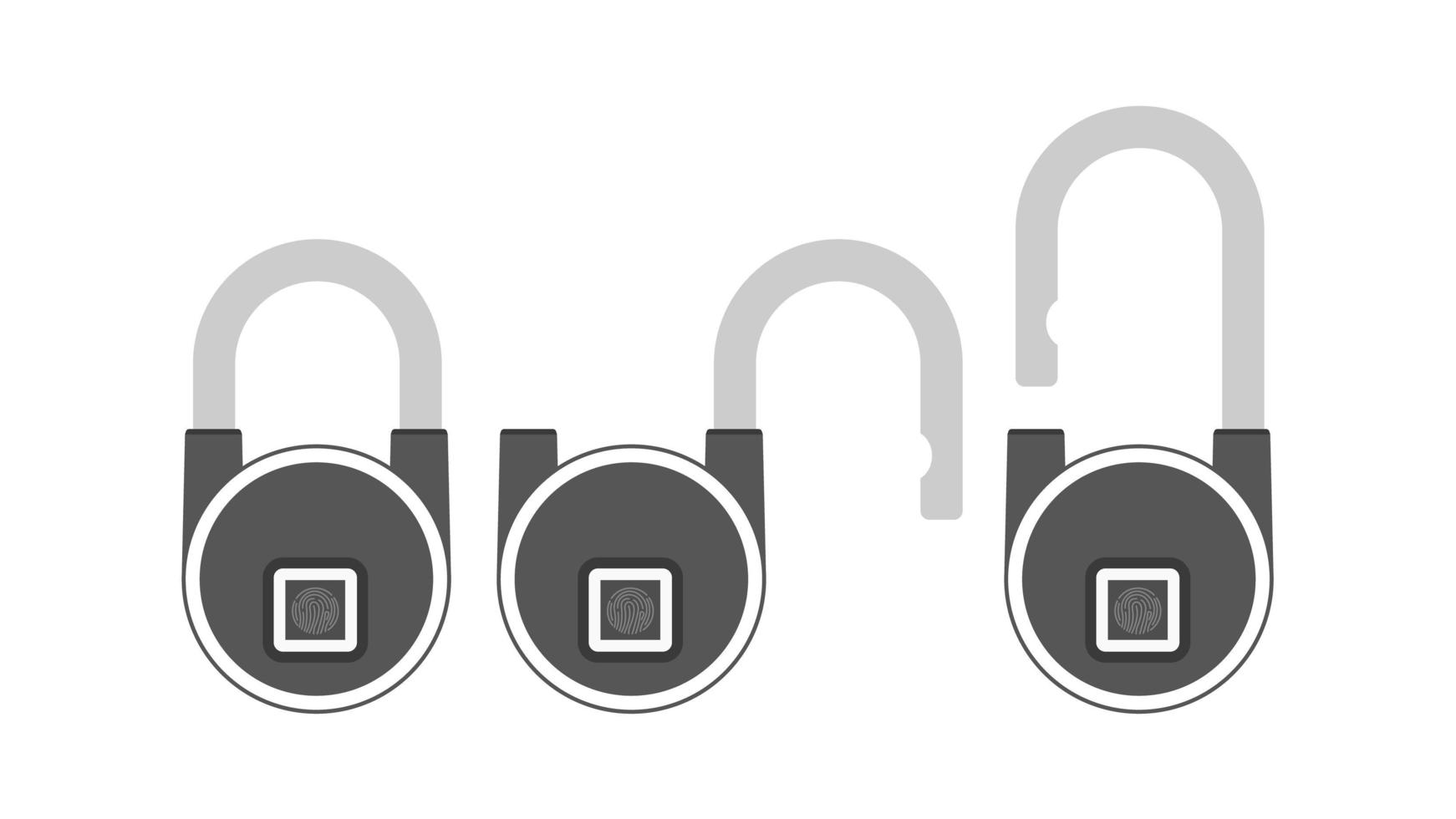 Set of padlocks with fingerprint scanner. A modern padlock is opened with a fingerprint. Isolated. Vector. vector