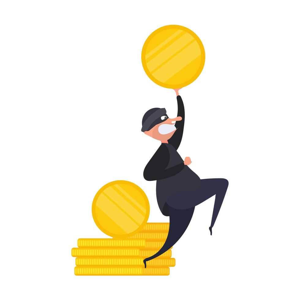 The robber holds a gold coin in his hands. The thief stole the money. Robbery and security concept. Isolated. Vektor. vector