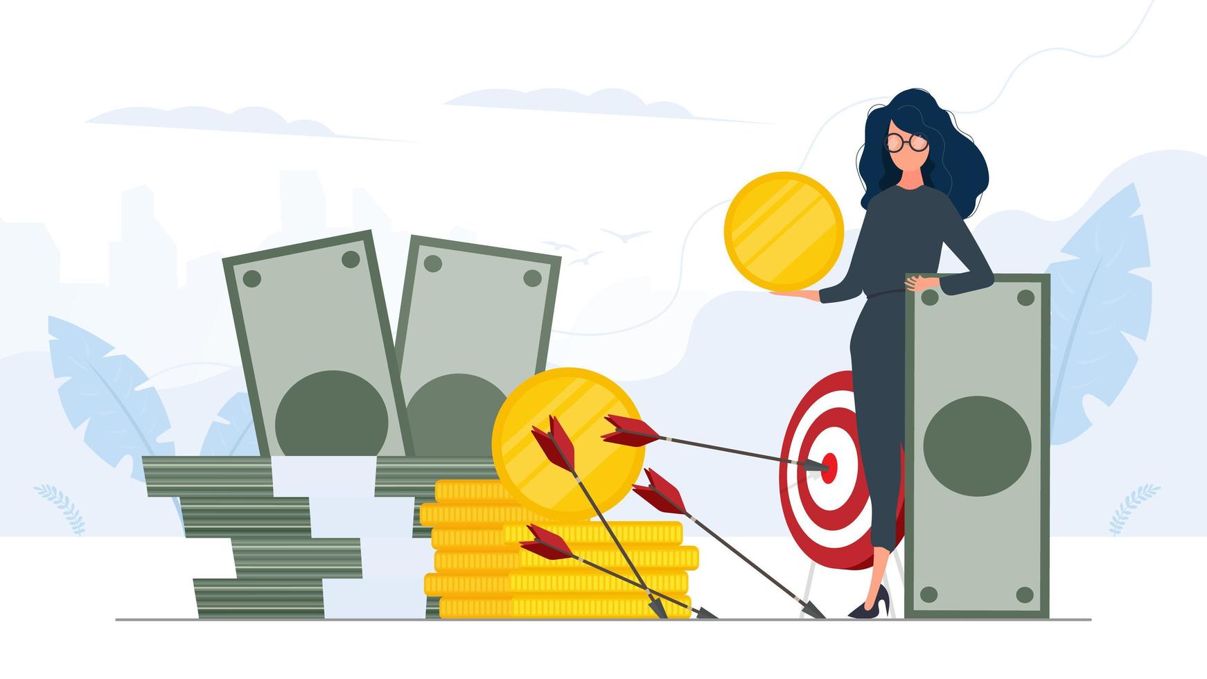 Woman and a mountain of money. The girl stands near gold coins and large dollar bills. A bundle of money. The concept of a successful business, earnings and wealth. Vector. vector