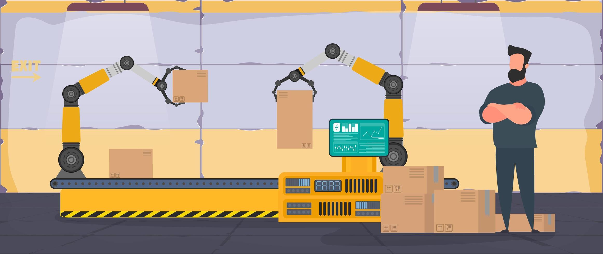 Conveyor line with boxes. Conveyor system in flat design. A man stands with cardboard boxes. . vector