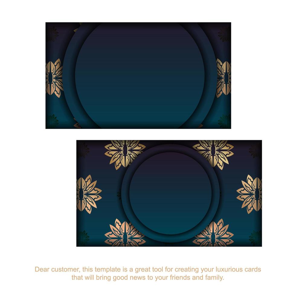 Business card with gradient blue color with vintage gold pattern for your brand. vector