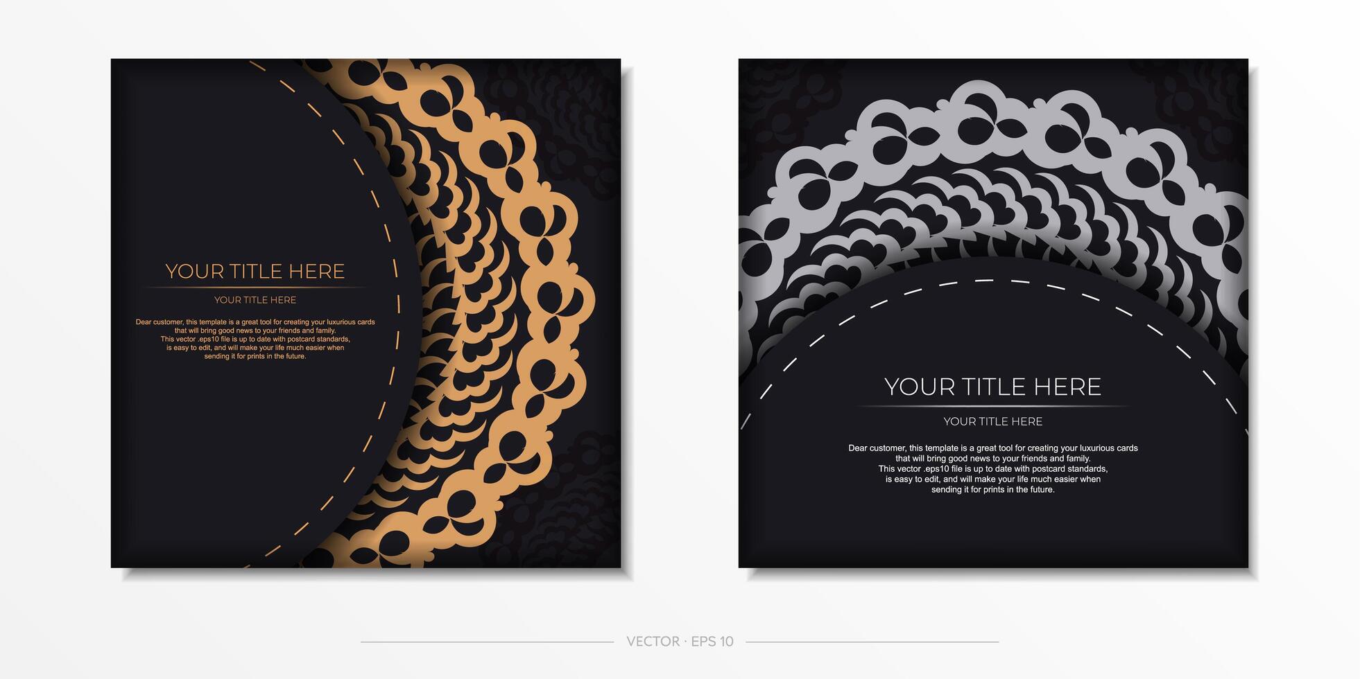 Dark black gold postcard template with white Indian ornaments. Elegant and classic elements ready for print and typography. illustration. vector