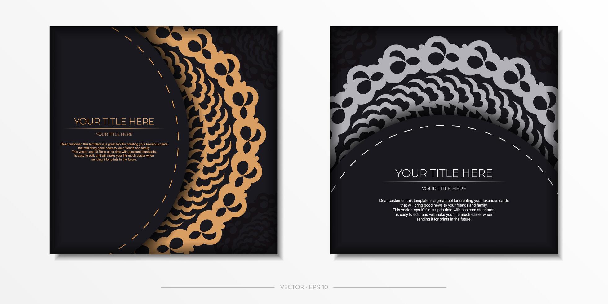 plantilla postal de oro negro oscuro con adornos indios blancos. elementos elegantes y clásicos listos para impresión y tipografía. ilustración vectorial vector